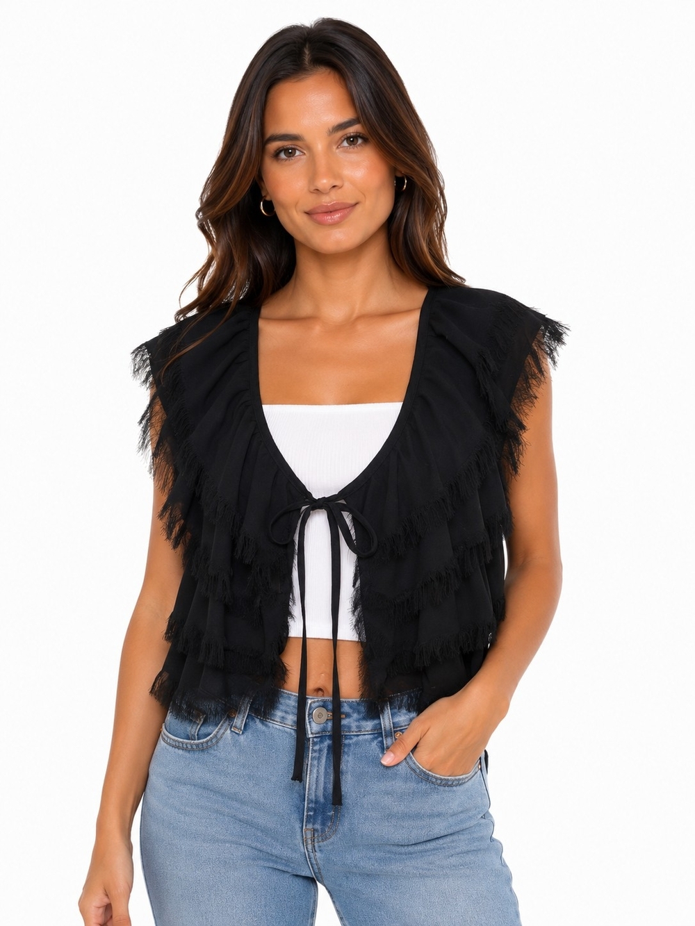 Rue21 Black Layered Fringe Tie-Front Tank